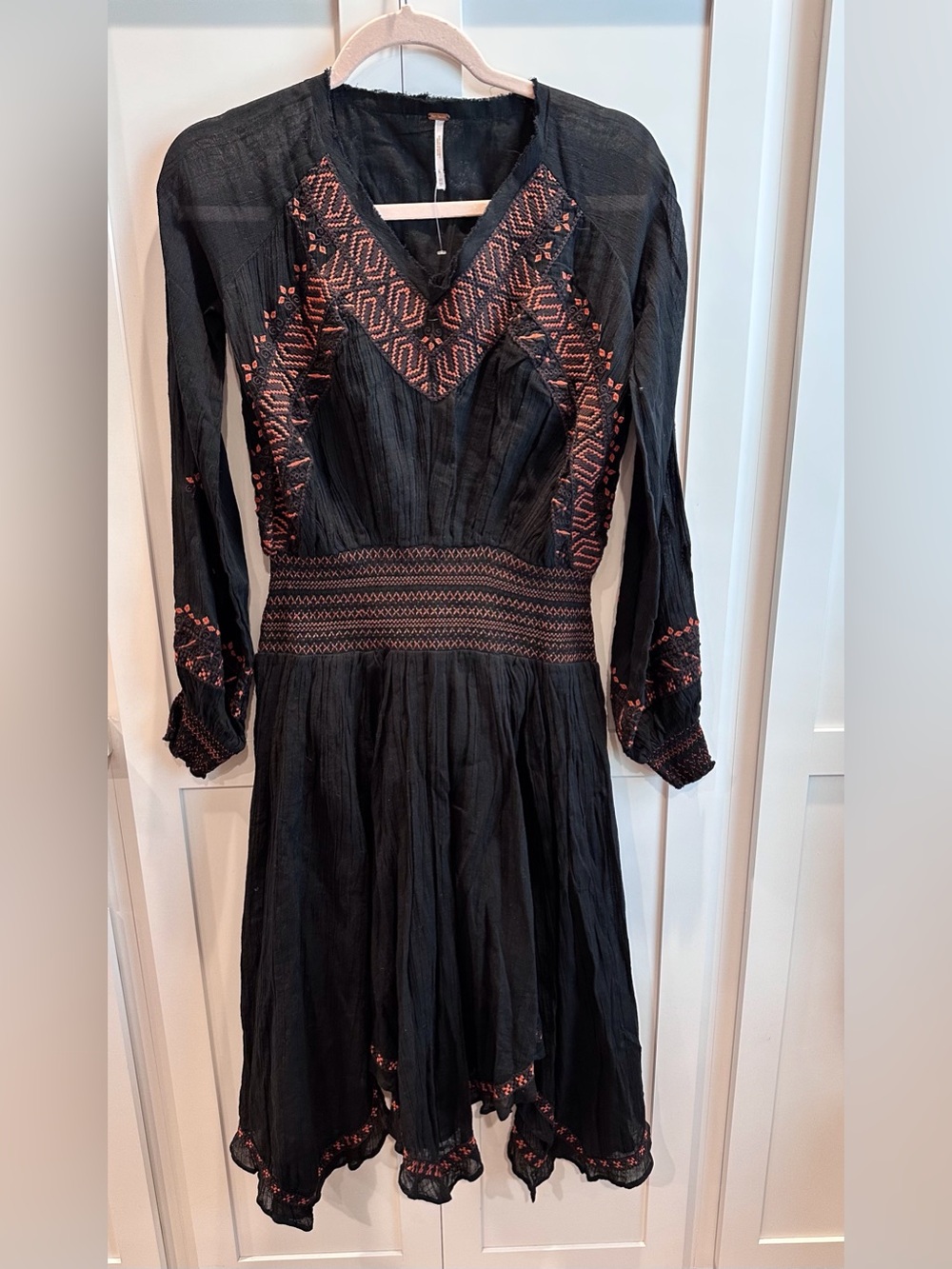 Free People Black Long-Sleeve V-Neck Dress with Coral Embroidery